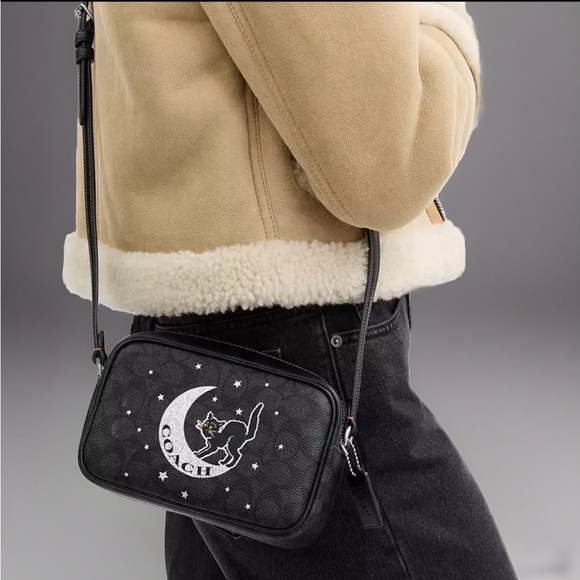 NWT COACH Shoulder/Crossbody Purse Mini Jamie Bag w 🐈‍⬛ Black Cat Print AUTHENTC - Picture 1 of 5